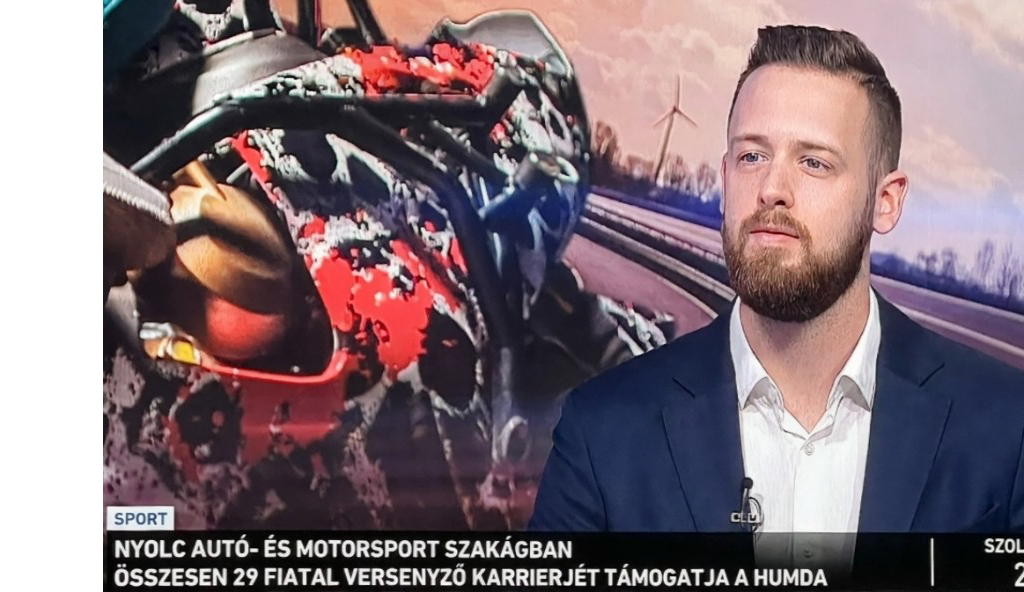 Kornel Ory interviewed on television about HUMDA motorsport programmes