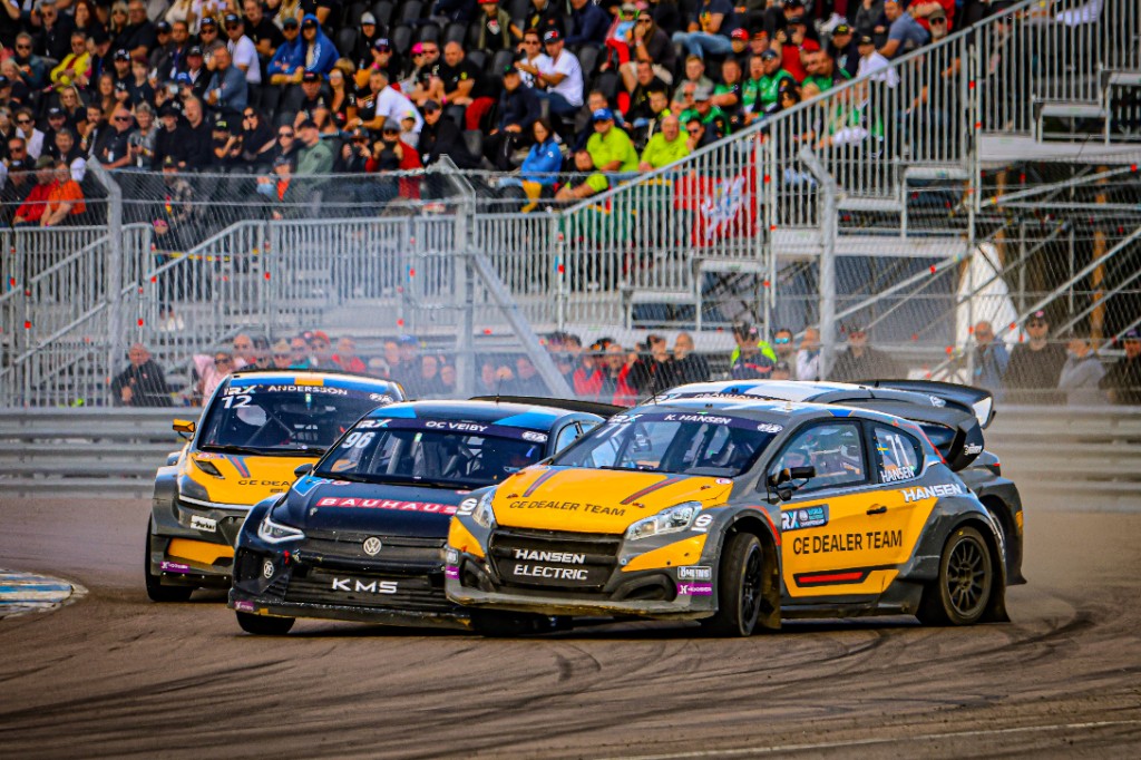 World RX cars racing side by side at KymiRing